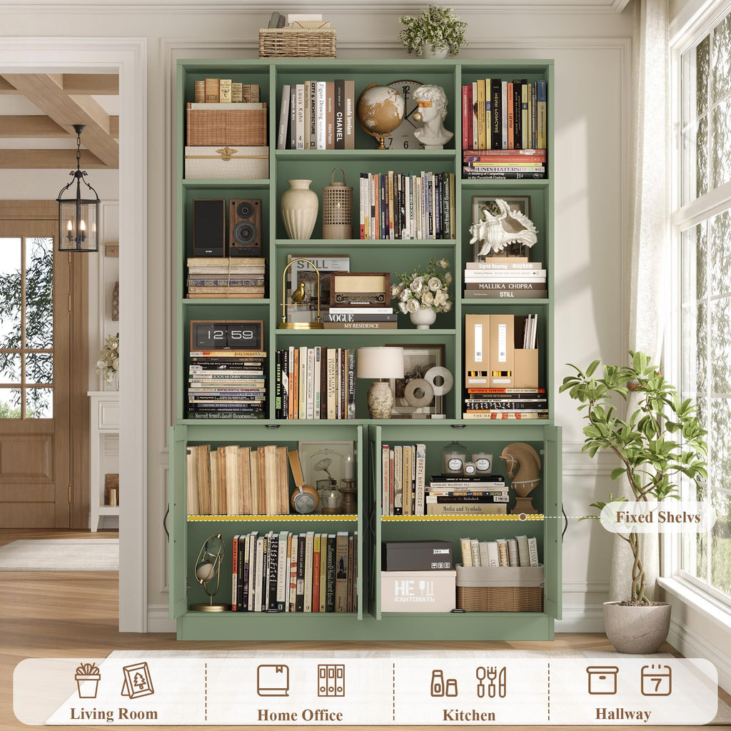 72" Tall Bookshelf, Large Farmhouse Bookcase with Storage, Green