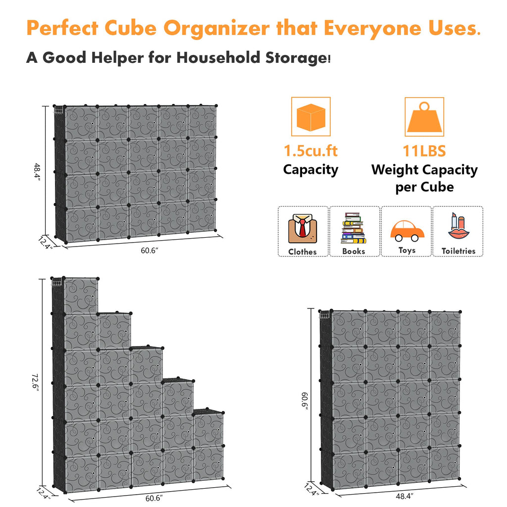 20-Cube Storage Organizer with Door Platic Closet Organizer Black