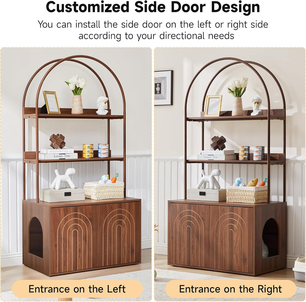 Arched Cat Litter Box Enclosure with 2-Tier Shelves, 63" Tall Hidden Litter Box Furniture with Reversible Entry, Wood