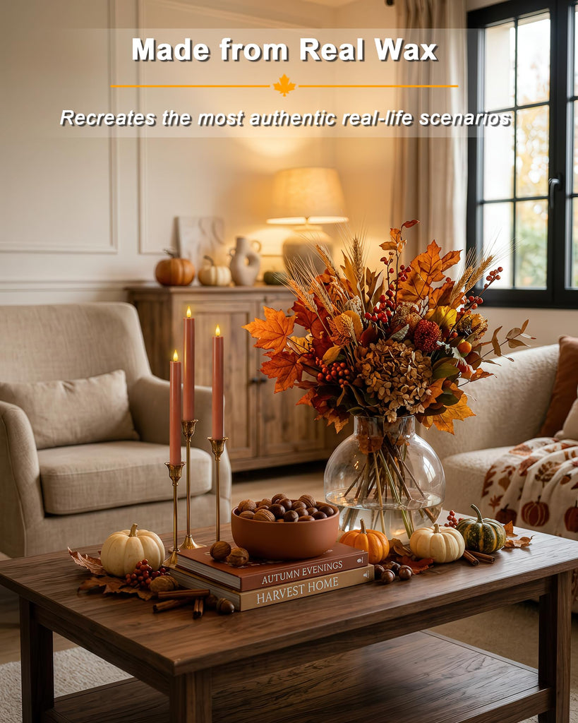 9.6 Inch Real Wax Flameless Taper Candles, Terracotta LED Candlesticks 3 Pcs with 3D Flame Remote and Timer, Battery