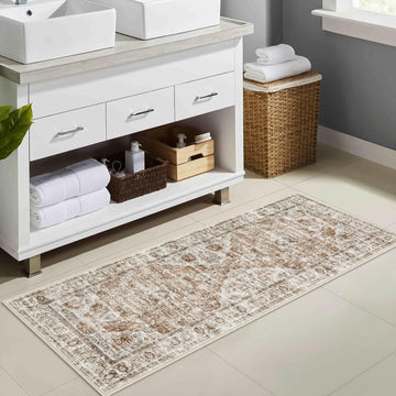 Bathroom Runner Rug, Distressed Tribal Farmhouse Khaki Bathroom Mat, Large Bathroom Rugs Non Slip Washable, Oriental