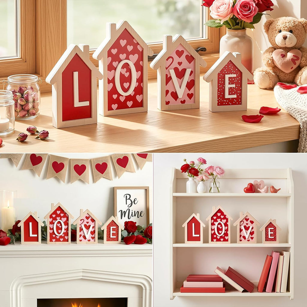Valentines Day Decorations - 4 Pack 3D Design Wooden House Shape Sign, Valentines Day Table Decor, Valentine's Day - Set of 4