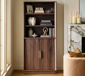 71" Tall Bookcase, 3-Tier Bookshelf with Storage, Walnut | Mid Century Modern Wood Storage Cabinet, Minimalist Arched