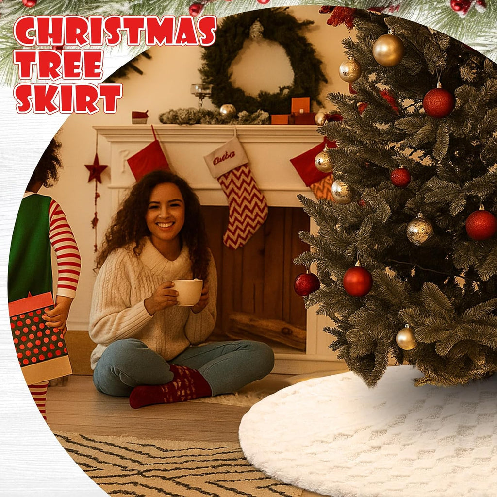 Christmas Tree Skirt 48 Inches White Checkered Faux Fur Rabbit Tree Skirt Soft Holiday Indoor Outdoor Decor for Merry