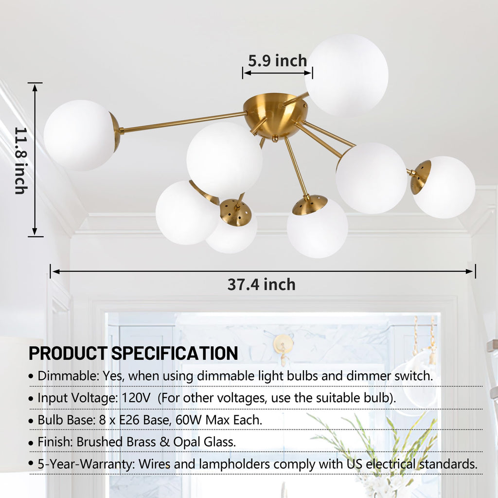 8 Light Mid Century Modern Ceiling Light Semi Flush Mount Ceiling Light Fixture Globe Lights Sputnik Chandelier with