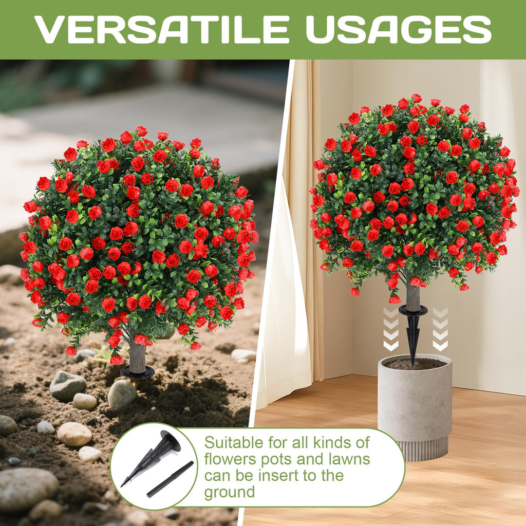 Set of 2 Artificial Red Rose Topiary Ball Tree, 25" with Ground Spike
