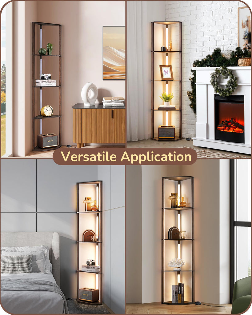 LED Corner Floor Lamp with Shelves, 3CCT, Walnut