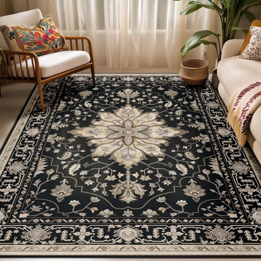 Area Rugs Washable Non-Slip, Floral Vintage Distress Print Pattern Medallion Carpet for Living Room Bedroom