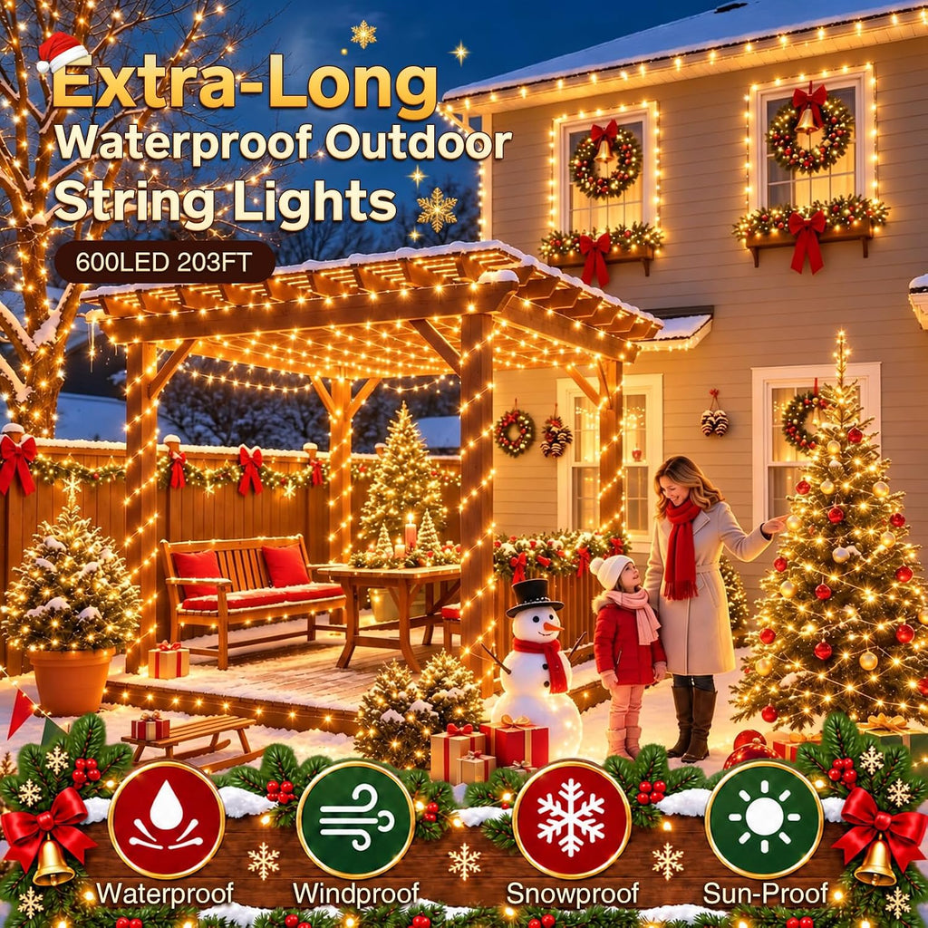 203FT 600LED Outdoor Fairy Lights Plug in Warm White Christmas Decor