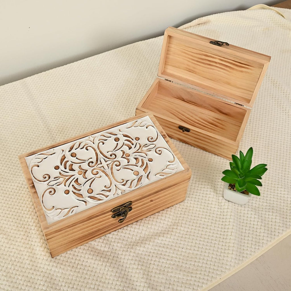 Wooden Storage Box - Hand Carved Floral Decorative Boxes - Set of 2