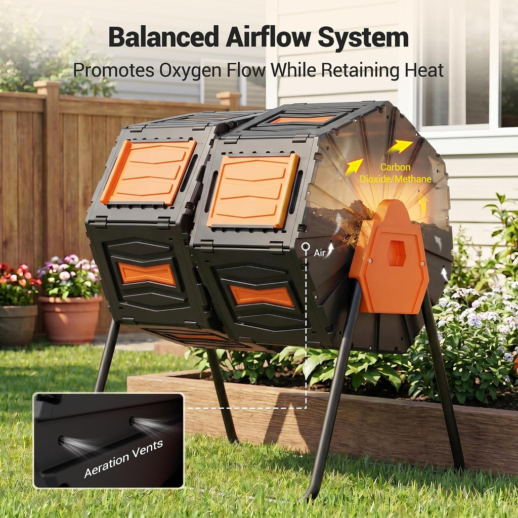 Composter Tumbler Outdoor, 45Gal Dual Chamber Batch Rotating Compost Tumbler, Easy Assembly/UV Resistant/BPA-Free/HOA