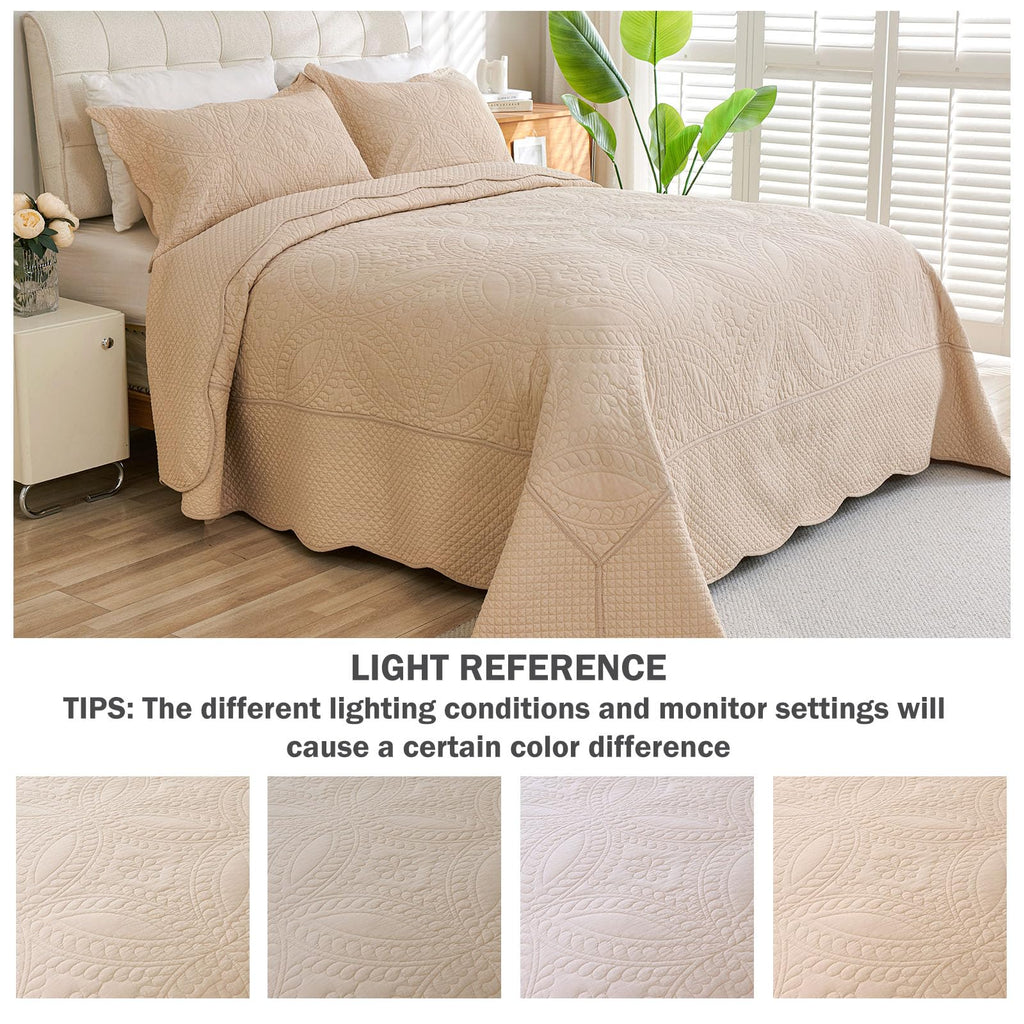 100% Cotton Quilt -Beige Bedspread 106"x96"-Coin Pattern Bedding Set 3 Pieces-Pre-Washed Lightweight Cotton