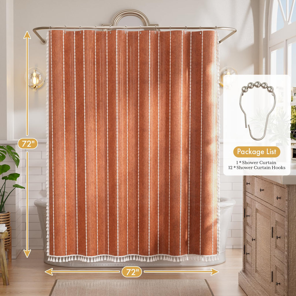 Farmhouse Shower Curtain Boho with Tassels, Linen Blend Heavy Duty Fall Shower Curtain Set with 12 Metal Hooks