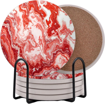Light Red Agate Marble Round Coasters - Abosrbent Ceramic Coasters with Metal Stand for Drinks, Coffee - Set of 6