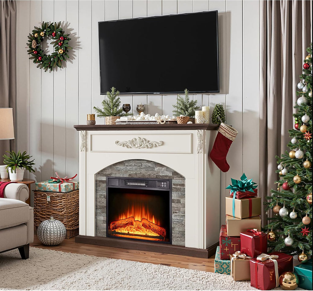 44Inch Electric Fireplace with Mantel, with Stacked Stone Surround, Freestanding Fireplace Heater with LED