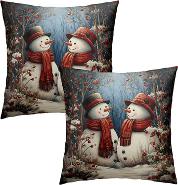 Winter Snowman Pillow Covers, Xmas Tree Red Berry Cotton Pillowcases 18x18 Inch, Snow Scene Double Sided - Set of 2