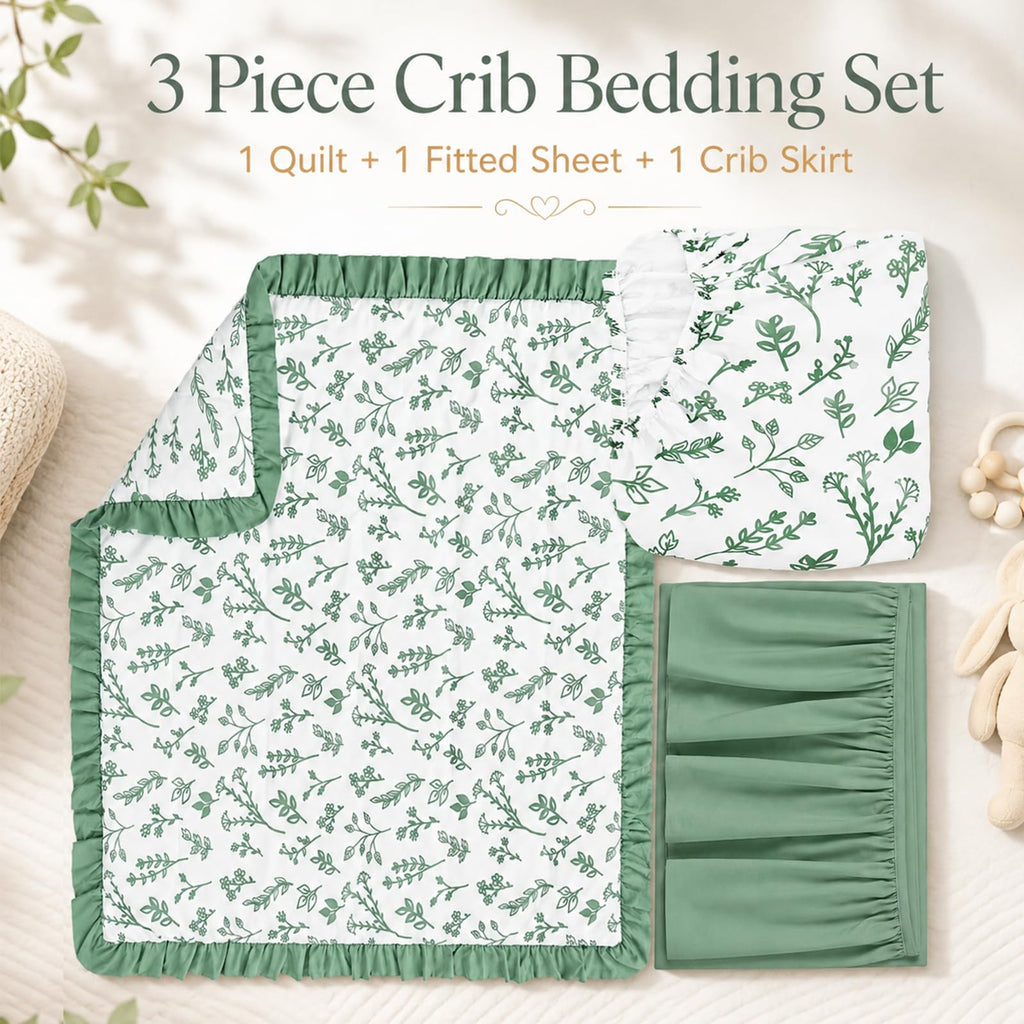 3 Pieces Sage Green Leaf Crib Bedding Set for Girls Boys, Ruffle
