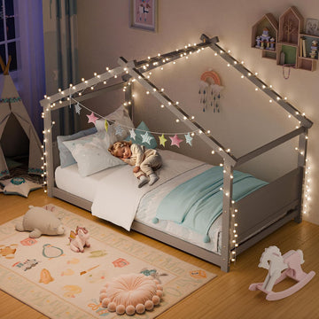 House Bed, Montessori Floor Bed for Toddlers, Wooden Kids Floor Bed Frame with Roof, Low Toddler House Bed for Boys