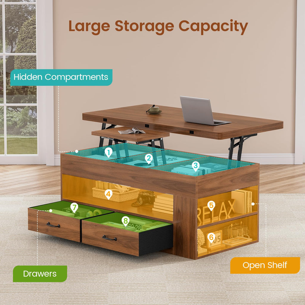 Lift Top Coffee Table, 4 in 1 Coffee Tables with Storage and Hidden Compartment, Farmhouse Coffee Table with 2 Fabric