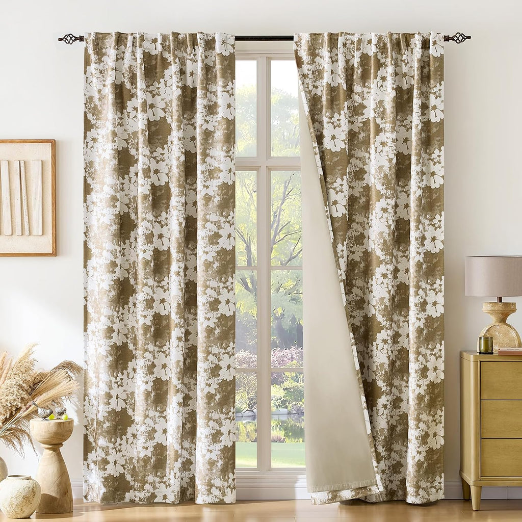 100% Blackout Taupe Floral Curtains,Vintage 96 Inch Thick Window Drapes 2 Panels Set for Living Room Thermal