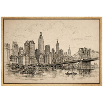 Framed Canvas Print Wall Vintage New York Skyline Brooklyn Bridge Sketch Illustrations Decorative Bohemian Rustic