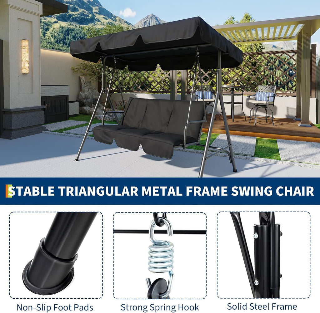3 Seat Outdoor Porch Patio Swing with Stand and Adjustable Canopy, 800lbs Patio Chairs Porch Swing with Adjustable