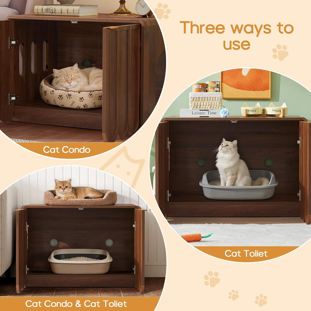 Cat Litter Box Enclosure Furniture, Hidden Cat Litter Box Cabinet with Scalloped Doors, Modern Cat House with Gold