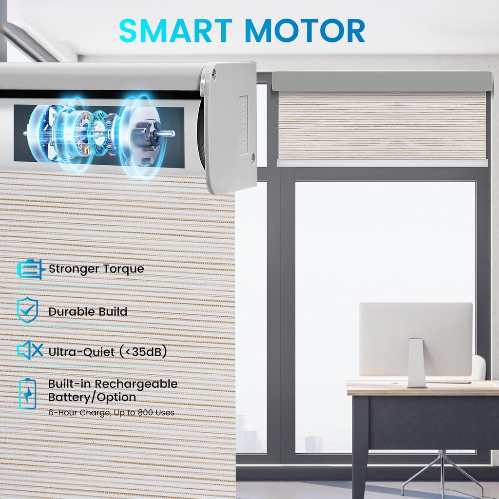 Motorized 100% Blackout Roller Shades - Custom Smart Blinds with Remote Control, Rechargeable Battery or Plug-in