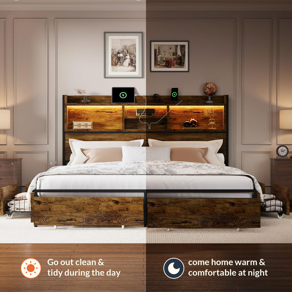 King Size Bed Frame with 6 Storage Drawers and Headboard Wooden Platform Bed Frame with LED Lights and Charging