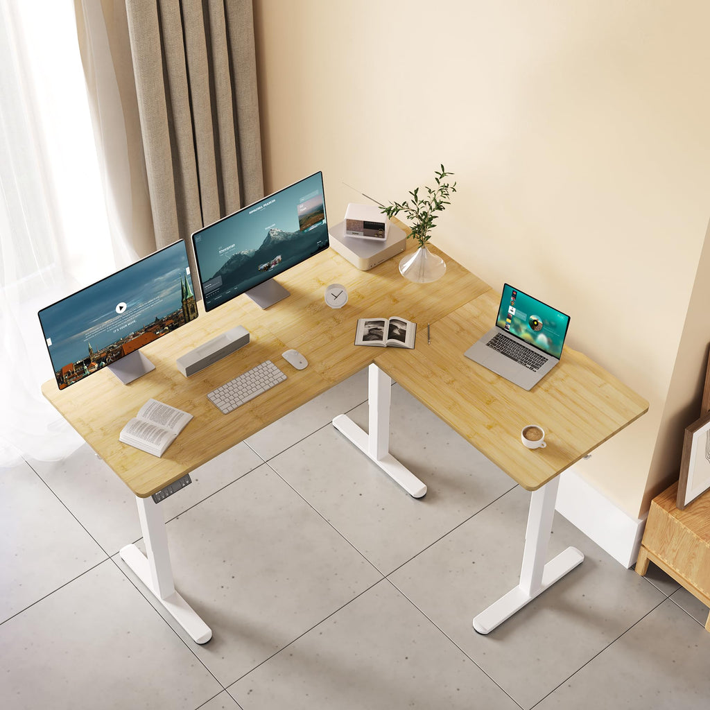L Shaped Standing Desk Electric Dual Motor 63 Inch Corner Desk Bamboo