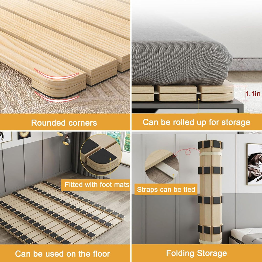 Folding Solid Wood Bed Frame, Foldable Japanese Floor Tatami Bed Frame, Wooden Roll-Type Slatted Floor Beds, Guest