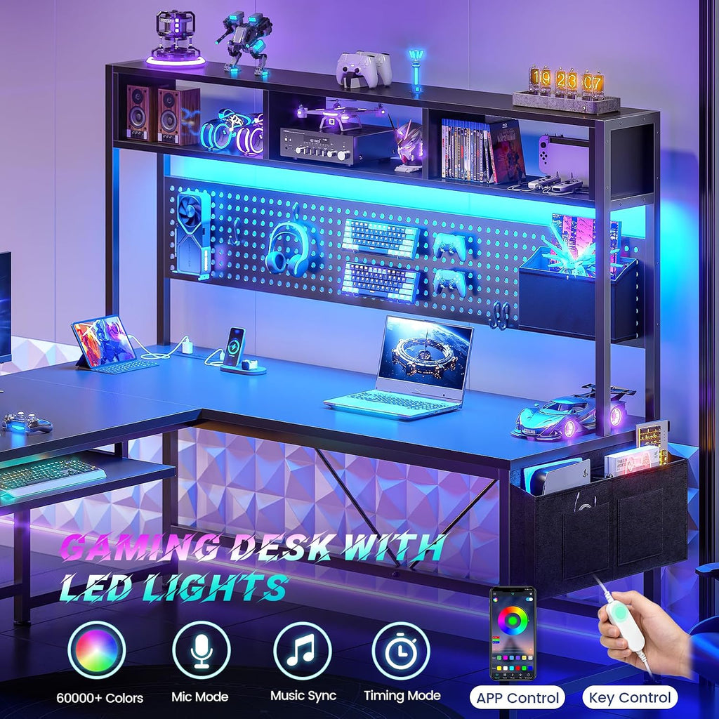 67" L Shaped Gaming Desk with Pegboard LED Lights and Power Outlet | Reversible Computer Desk with Keyboard Tray