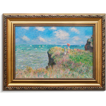 Vintage Gold Framed Gallery Canvas Print Wall Art Claude Monet Cliff Walk at Pourville Nature Wilderness Painting