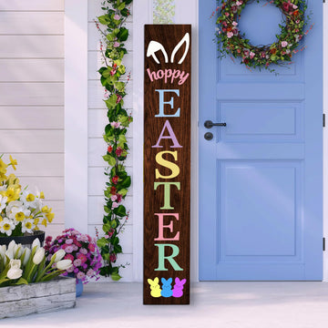 Happy Easter Wooden Porch Sign 47" Bunny Large Welcome Sign Vertical Indoor Outdoor Standing Sign For Garden Home