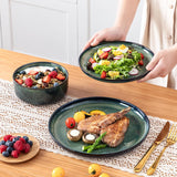 Starry 12 Pieces Dinnerware Sets for 4, Green Reactive Glaze Dishes Sets, Ceramic Plates and Bowls Set