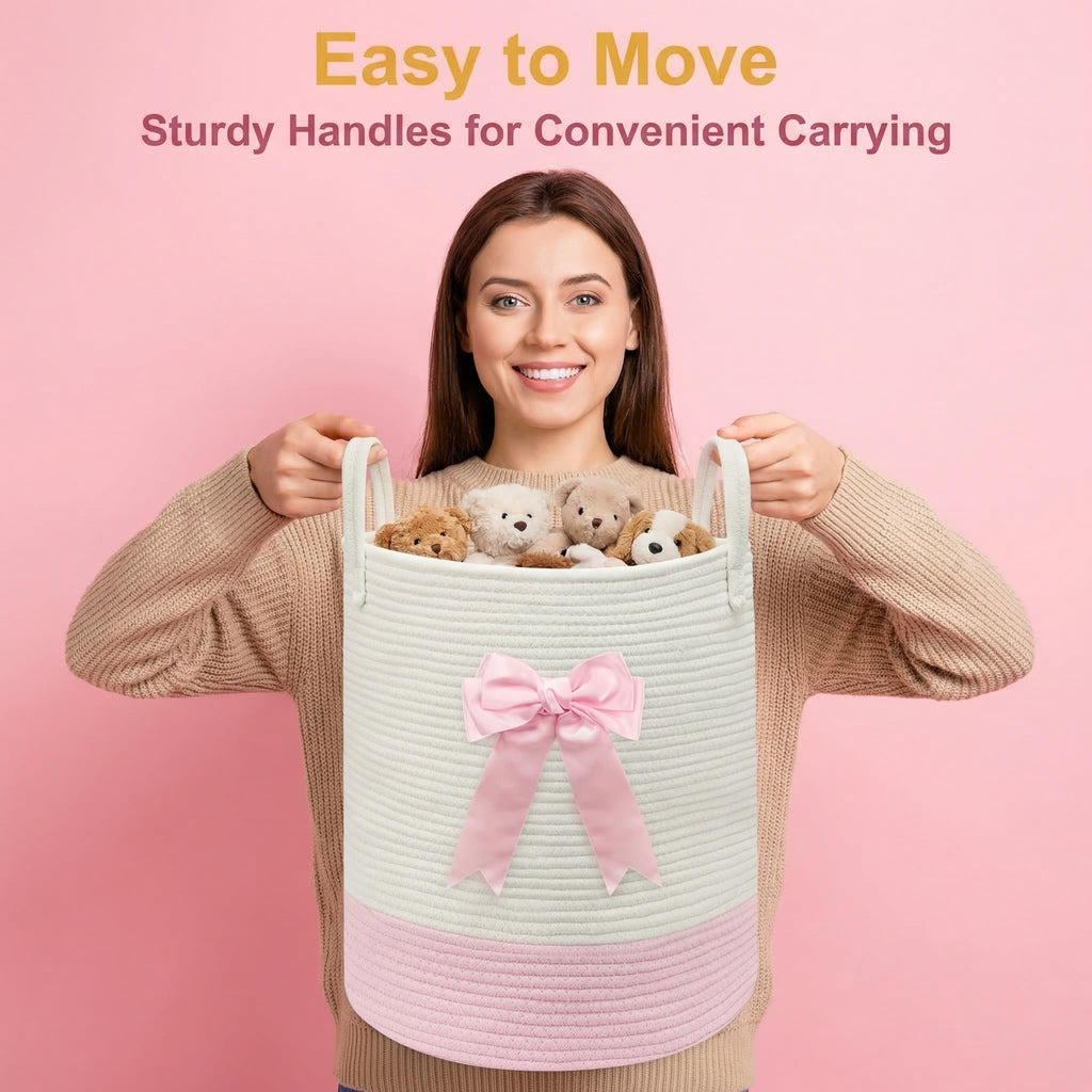 Pink Laundry Hamper with Bow, Tall Storage Basket