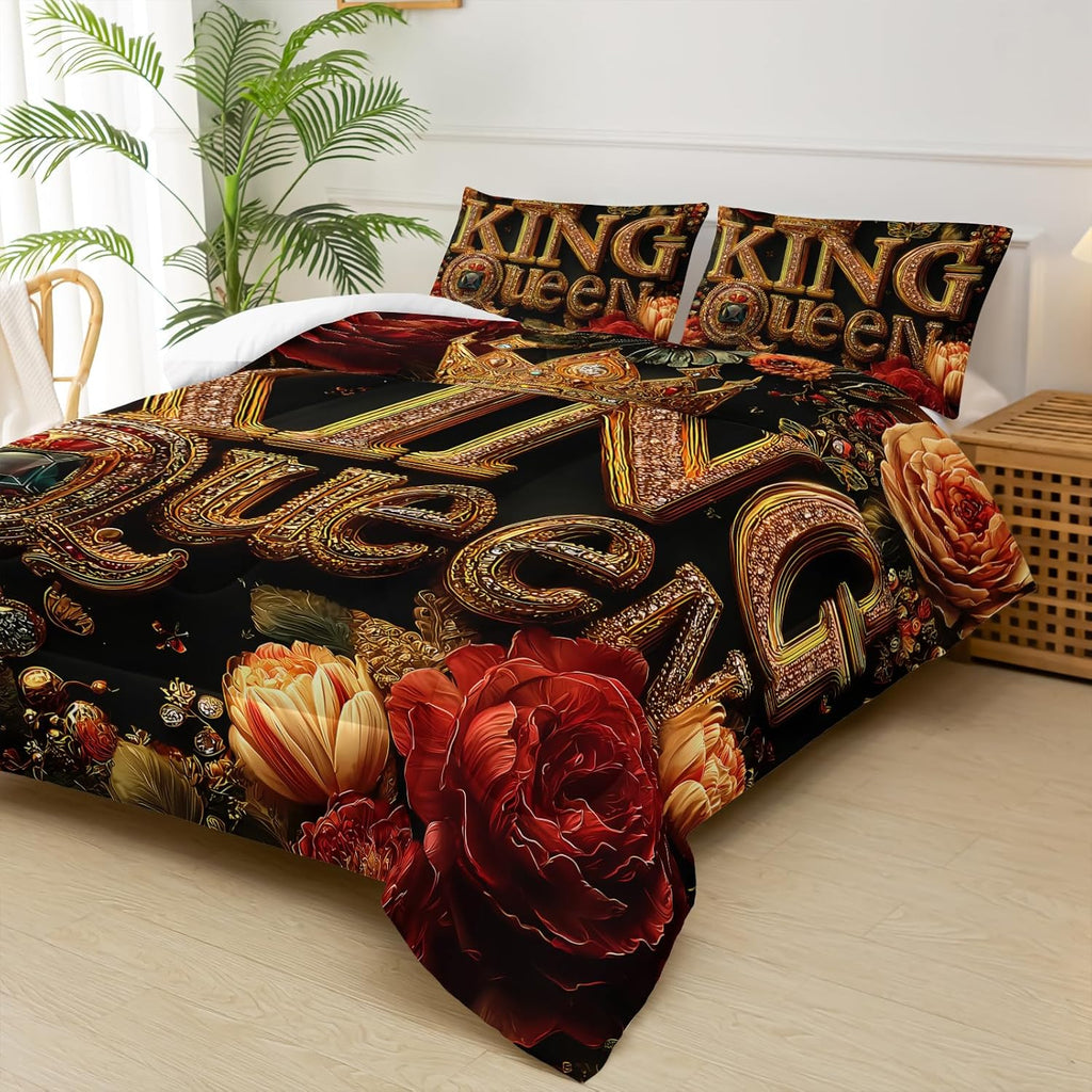 King and Queen Comforter Set Black and Gold，King and Queen Bedding Set，Red Floral Quilt Set Queen，with 1 Comforter