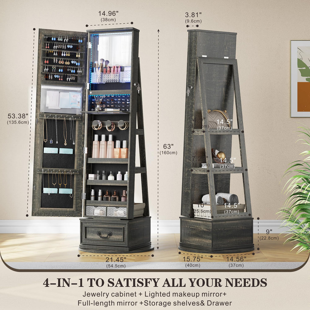 Jewelry Cabinet with Full Length Mirror, Lockable, Swivel, Brown