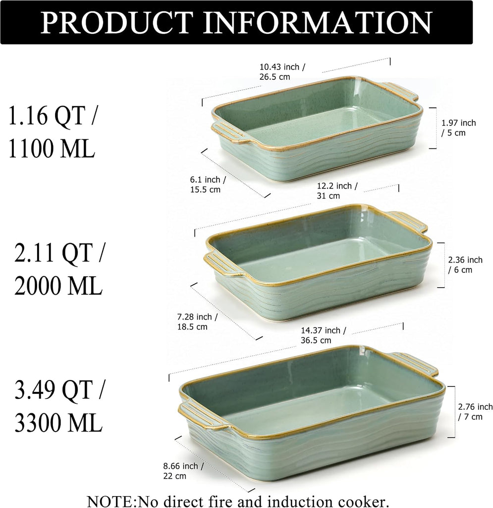 Ceramic Dish Set of 3, Casserole Dishes for Oven, Square Porcelain Bakeware Set with Handles, Lasagna Pan for
