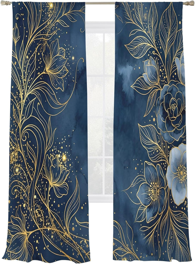 Luxury Floral Sheer Curtains for Living Room Bedroom Blue Golden Lace Vintage Sheer Curtains 96 Inch Long 2 Panels