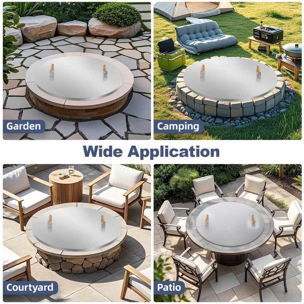 Fire Pit Lid Round 34" - Stainless Steel Firepits Cover with Wooden Handles Firepits, Rust Resistant 1.5mm Fire Pits