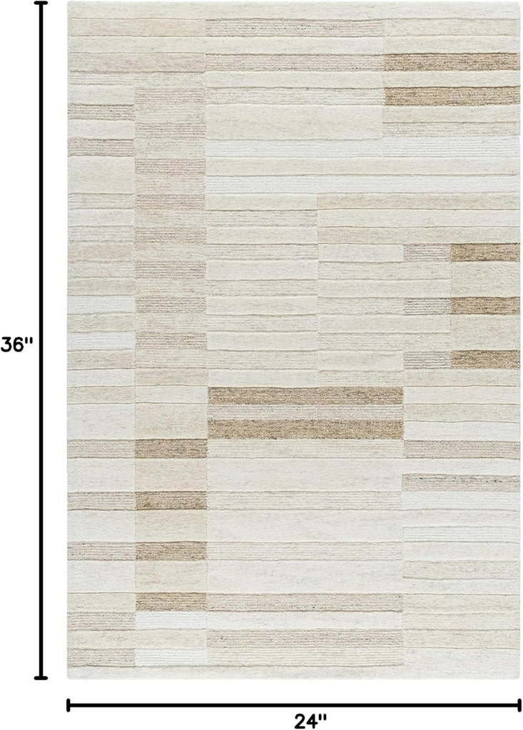 Tavia Wool Area Rug - Striped Broken Geometric Abstract Patchwork - Contemporary Modern Minimalist Transitional