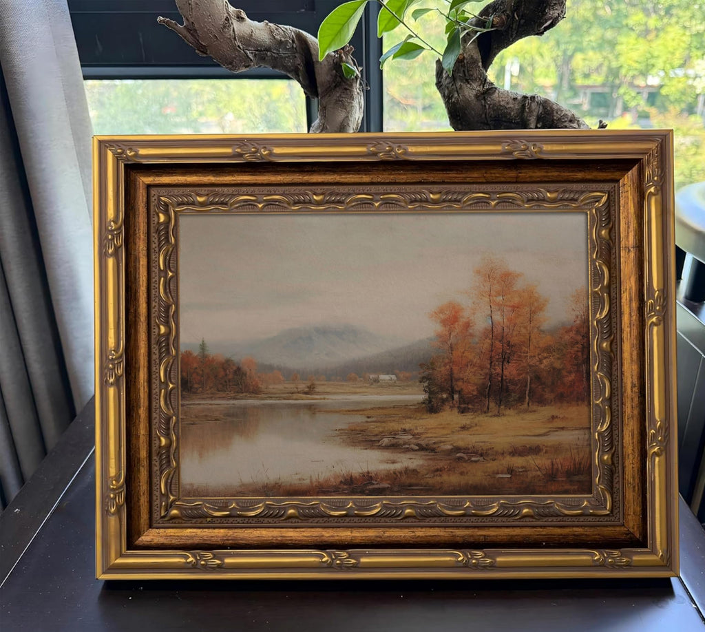 Vintage Gold Framed Fall Landscape Wall Art, Autumn Natural Lake Oil Painting Canvas Prints, Rural Forest Lake