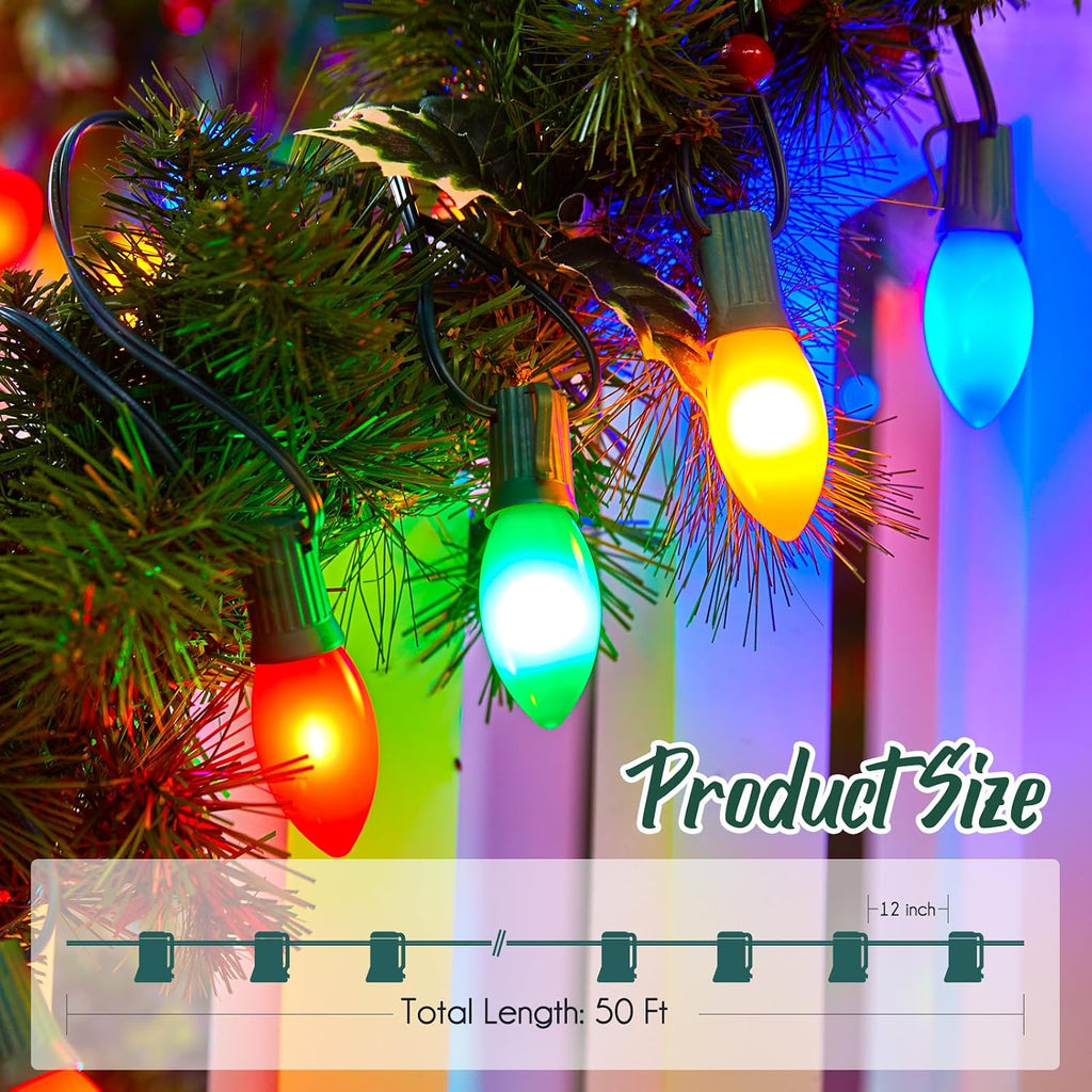 C9 Light Strand, 50FT Christmas Green Wire with 50 E17 Sockets