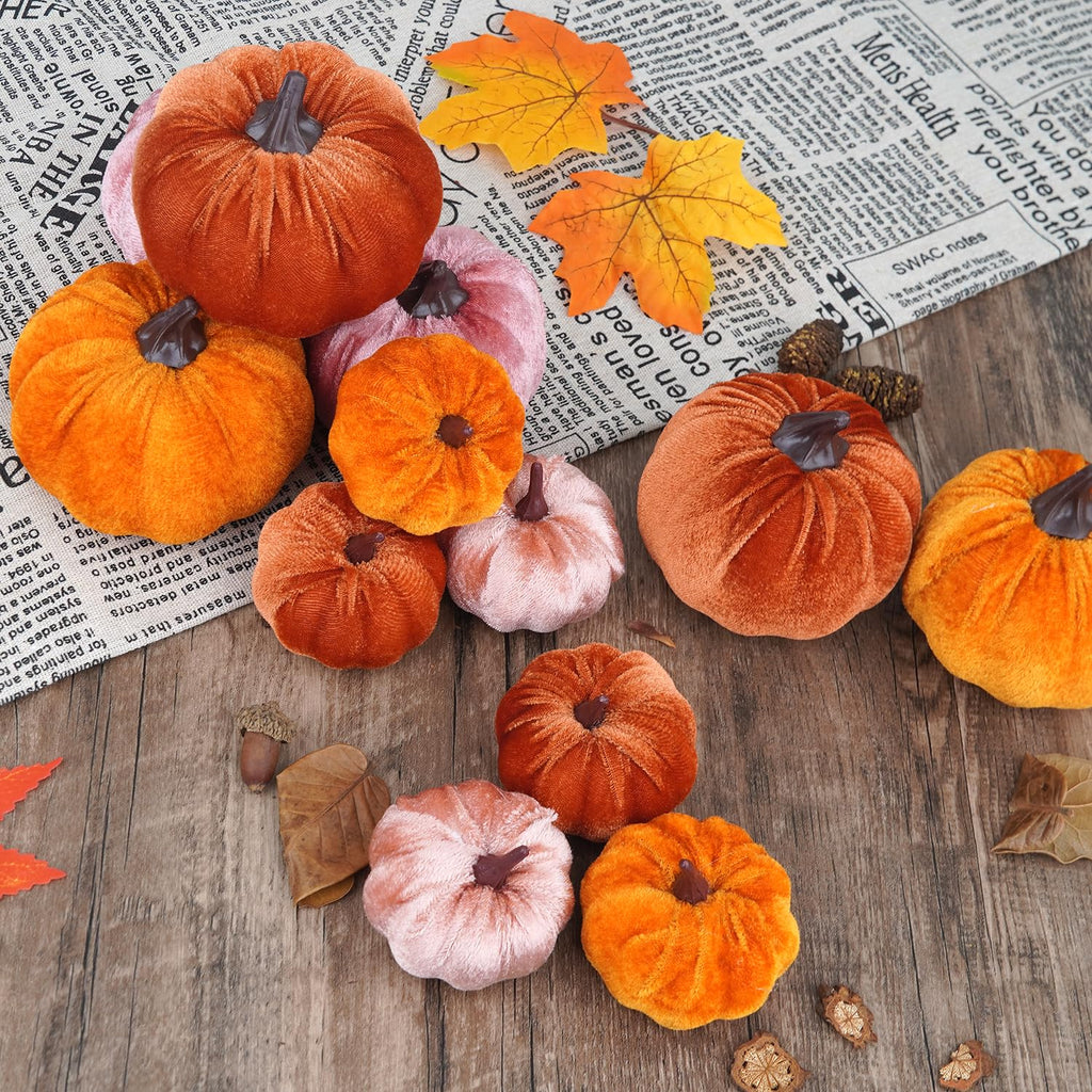 12Pcs Fall Artificial Velvet Pumpkins Assorted Sizes Orange Brown Pink Fake Farmhouse Harvest Pumpkins for Fall