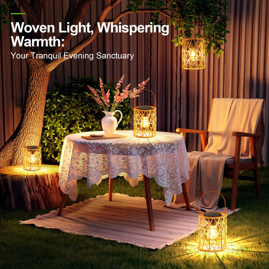 Solar Lantern Outdoor Lights, 4 Pack Bright Hanging Solar Lanterns Outdoor Waterproof with Handle, Decoration Rattan