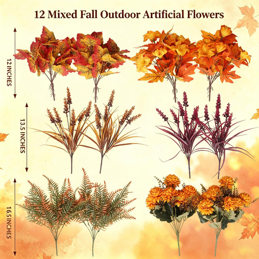 12 PCS Artificial Fall Flowers UV Resistant Fake Mums for Outdoors