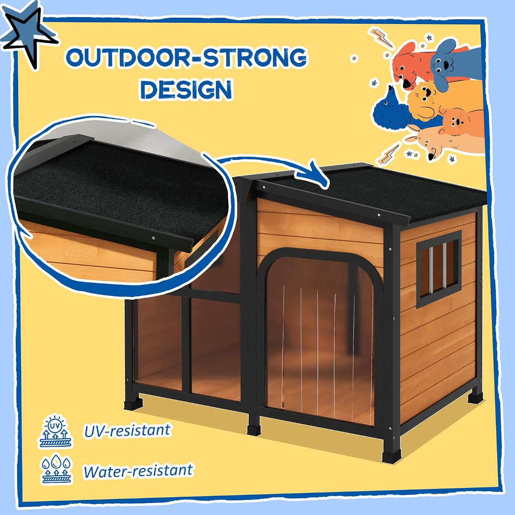 Outside Cabin-Style Wooden Dog House for Large Dogs - Yellow
