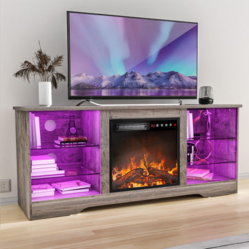 58", Modern Entertainment Center with Fireplace for TVs up to 65 inch, Media TV Console with Led Lights, Adjustable