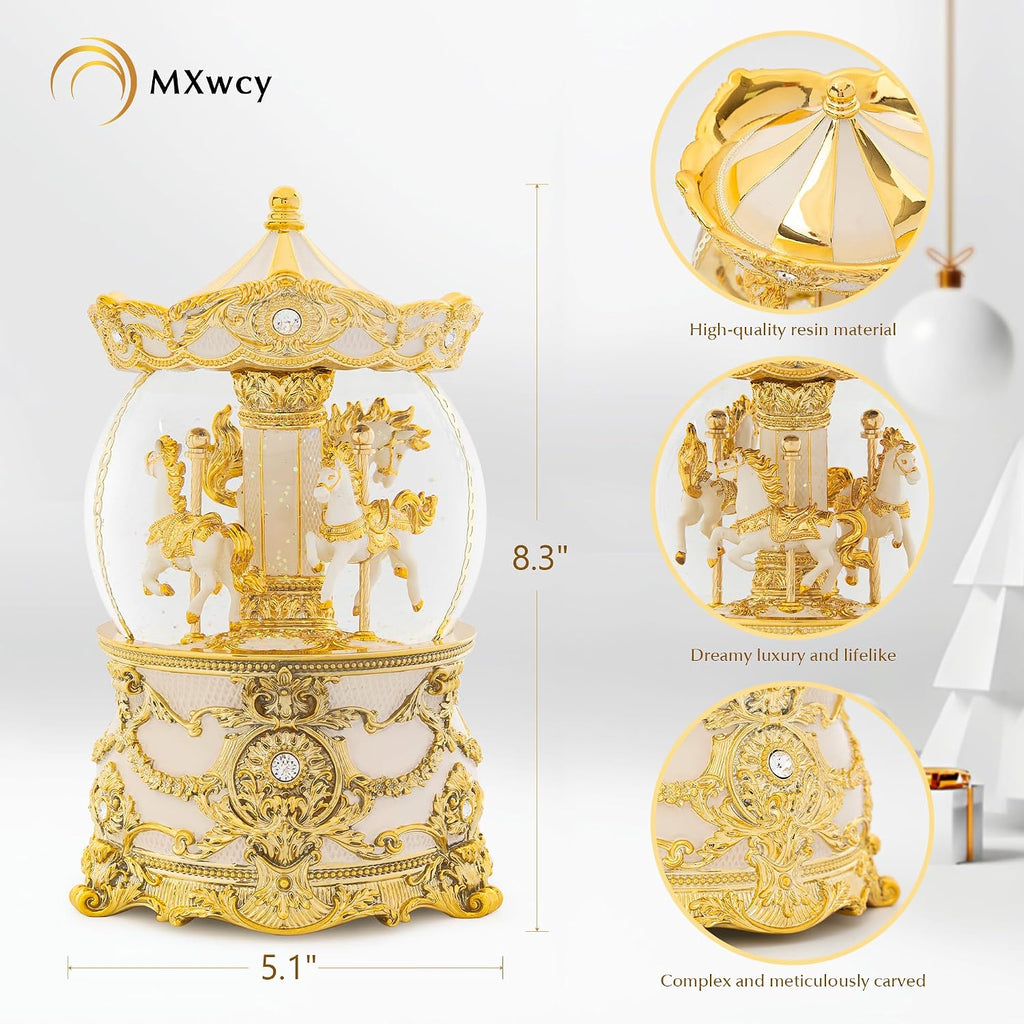 Carousel Music Box Gold & Ivory Christmas Snow Globes, 8.3" Rotate Carousel Snow Globe for Kids & Adults, Classic